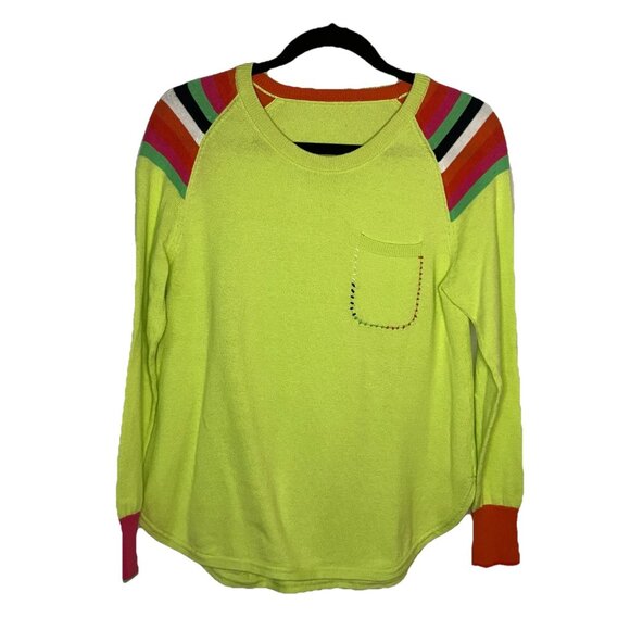 Zaket & Plover Sweater Womens Stripe Shoulder Green Yellow Cotton Knit - Picture 1 of 5